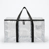 A clear heavy duty waterproof moving bag with black handles and zippers.