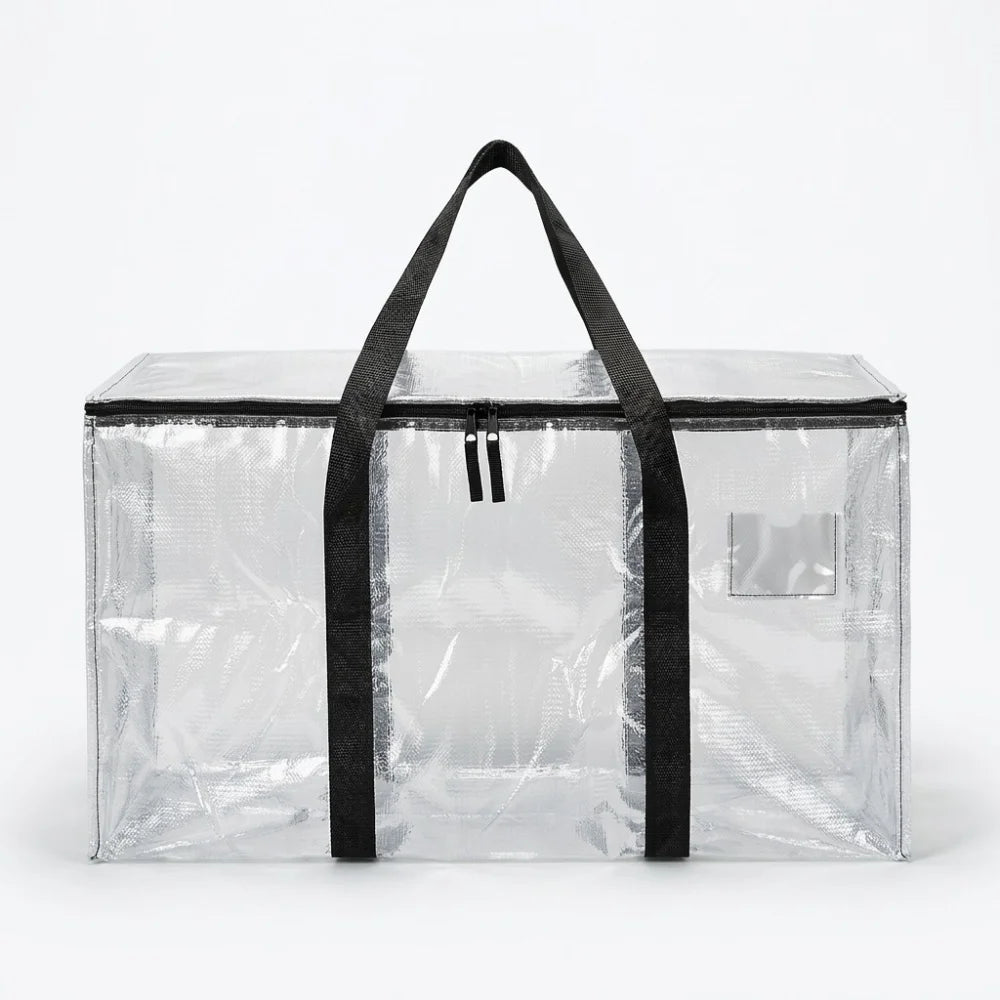 A clear heavy duty waterproof moving bag with black handles and zippers.