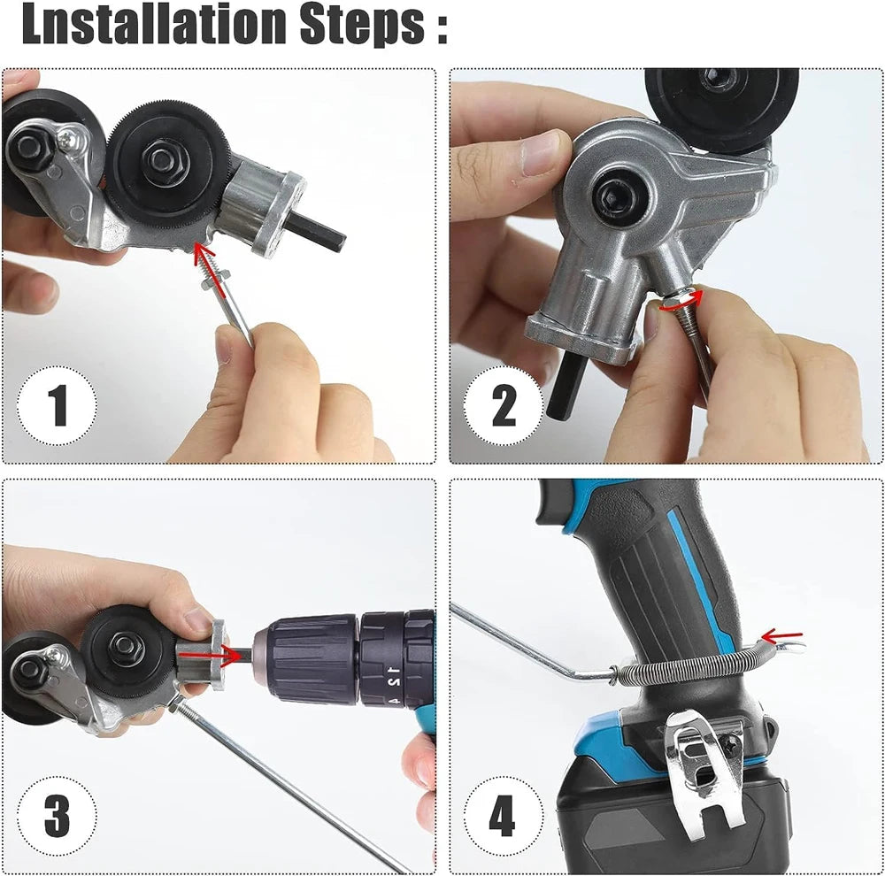 Quatre étapes montrant l'installation d'un accessoire de coupe pour perceuse électrique en tôle.