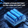 Blue cylindrical lithium battery cells displayed on a circuit board with glowing blue light.