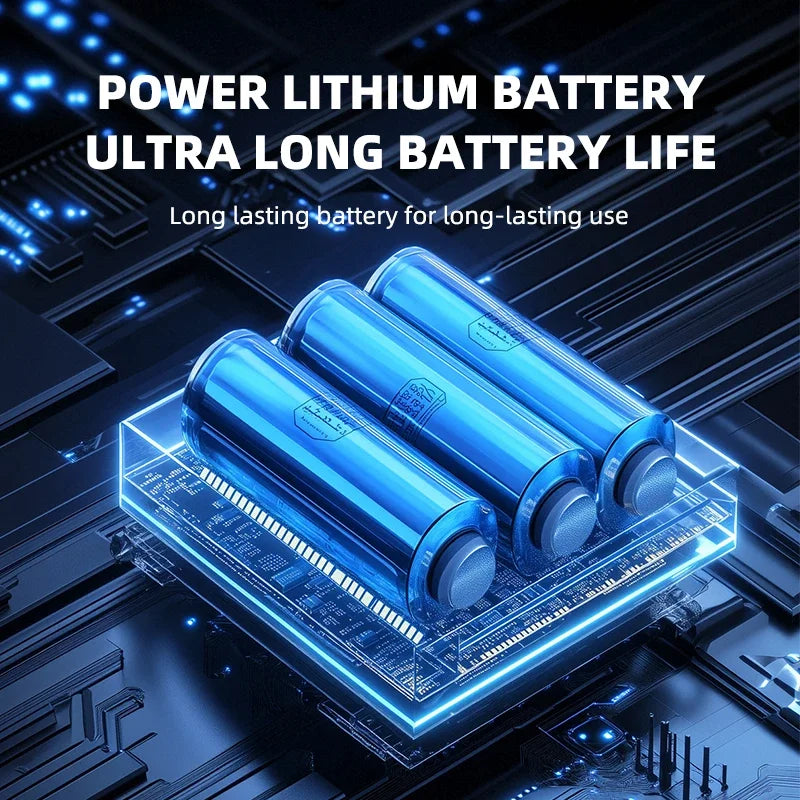 Blue cylindrical lithium battery cells displayed on a circuit board with glowing blue light.