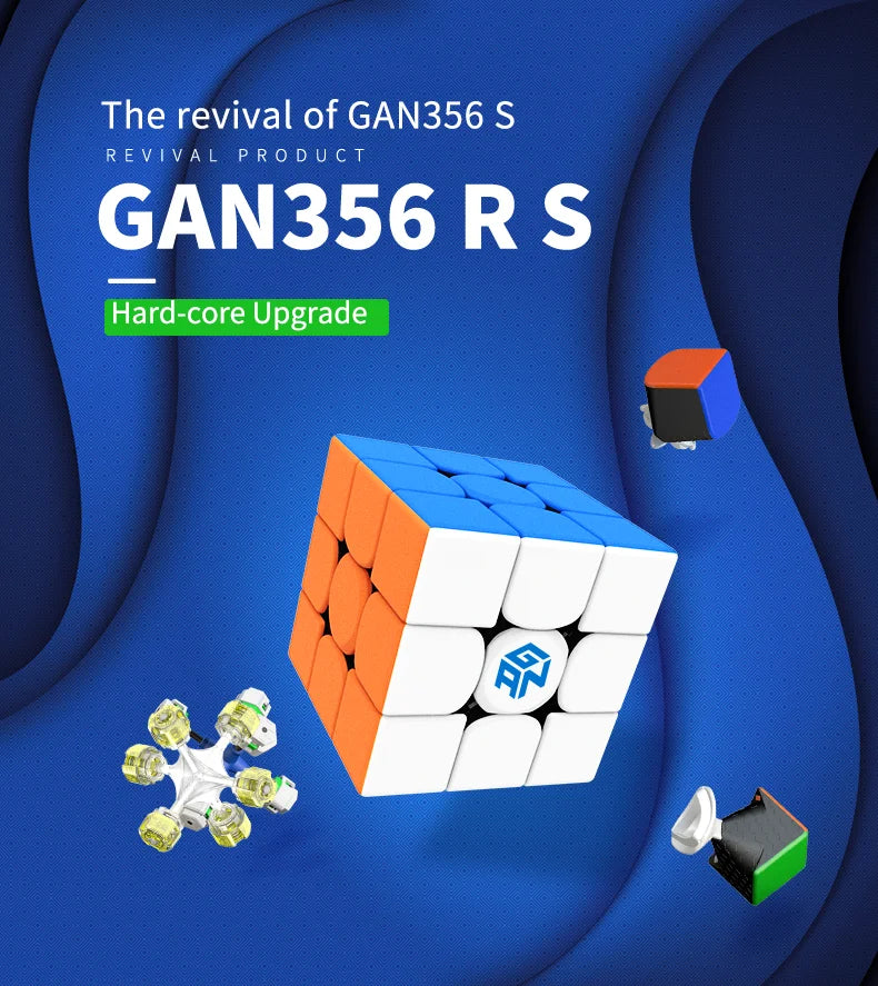 A close-up view of a GAN356 RS cube, showing its orange and white magnetic layers, surrounded by other cube components.
