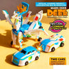A blue and white transforming unicorn car toy set showing a vehicle and a unicorn figure.