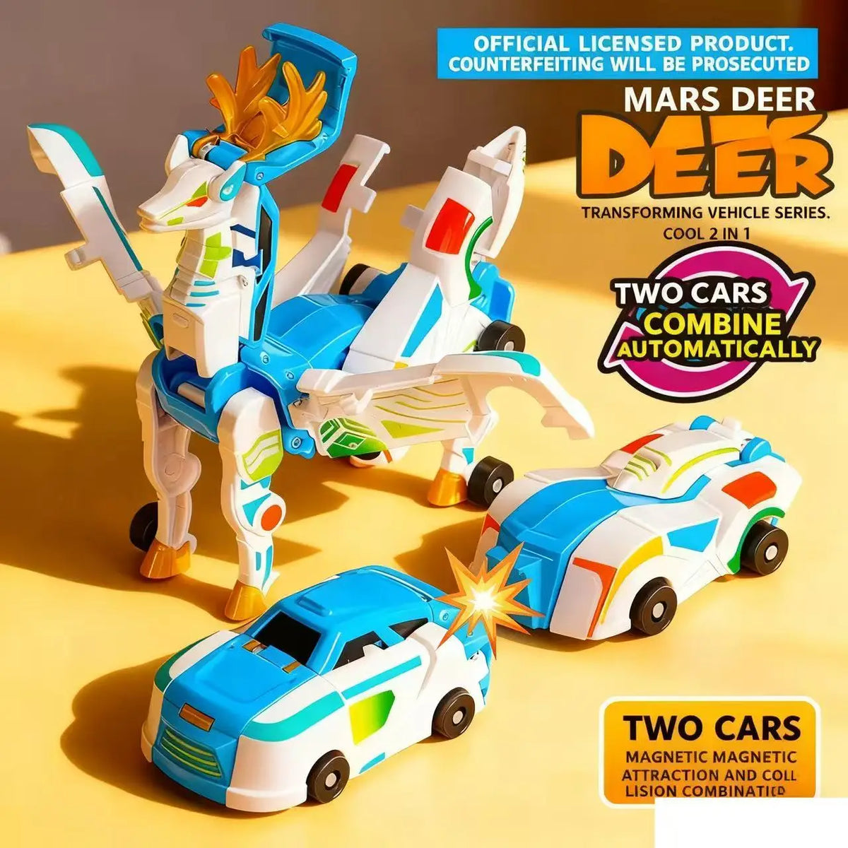 A blue and white transforming unicorn car toy set showing a vehicle and a unicorn figure.