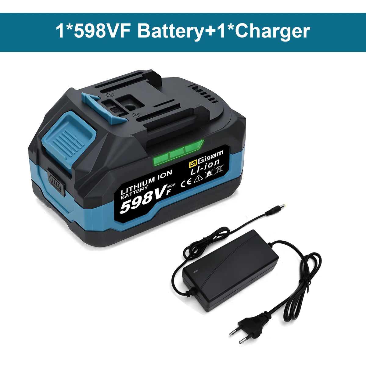A black and blue lithium-ion battery pack and charger are shown together.