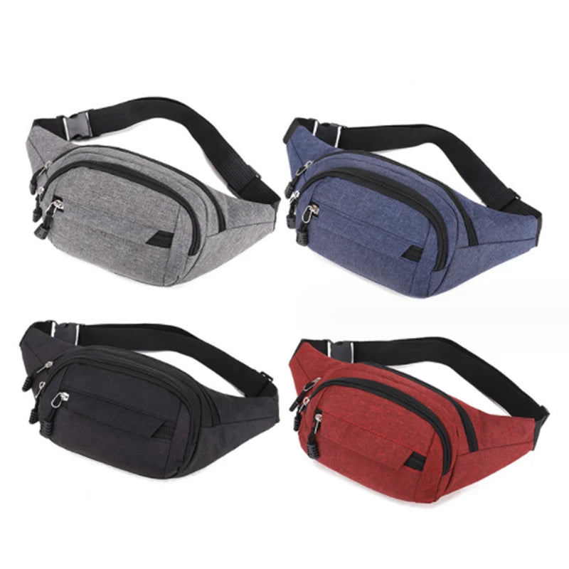 Four canvas waist packs in black, gray, blue, and red with adjustable straps.
