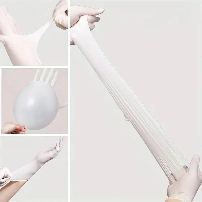 Close-up view of disposable white nitrile gloves being worn and a detached glove component.