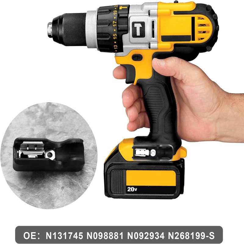 A hand holds a yellow and black belt clip hook bit holder tool, with an inset showing the detachable bit.