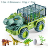 A green transport truck loaded with three dinosaurs, an egg, and a tree plant.