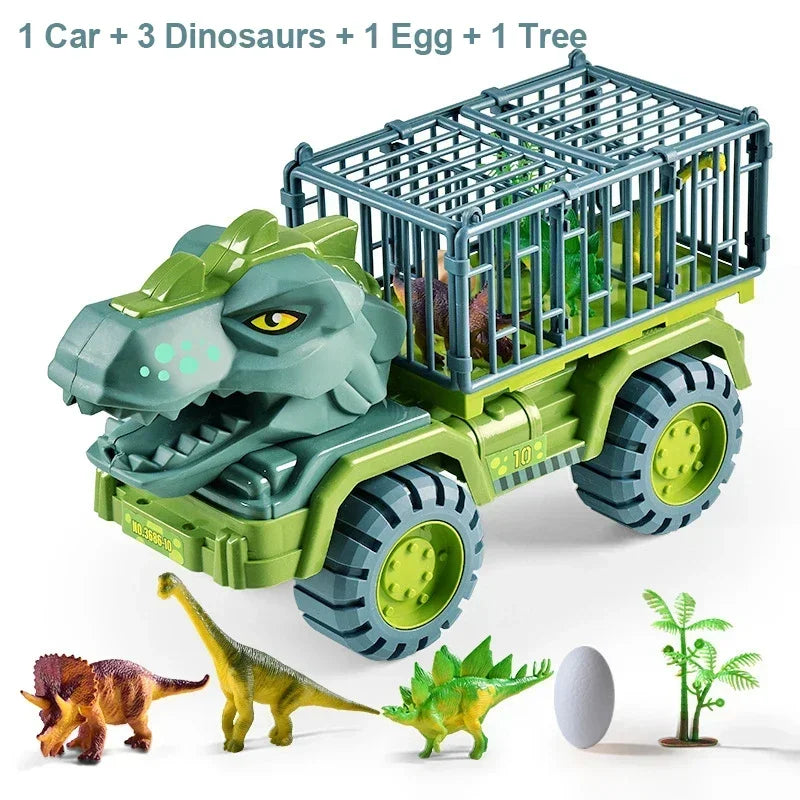 A green transport truck loaded with three dinosaurs, an egg, and a tree plant.