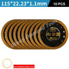 Ten gold-colored diamond saw blades with a 1.1mm thickness and a 22.23mm diameter.