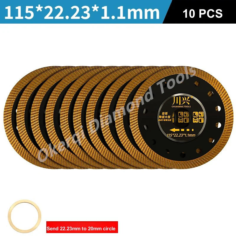 Ten gold-colored diamond saw blades with a 1.1mm thickness and a 22.23mm diameter.