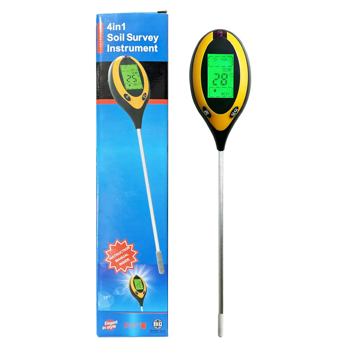 A yellow soil survey instrument with a long probe is shown next to its packaging box.