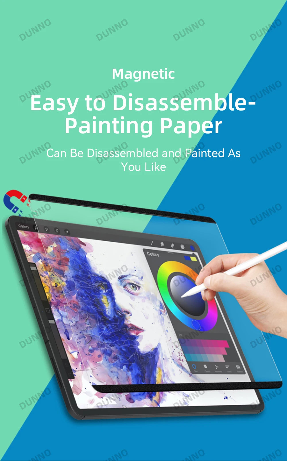 A hand draws on a magnetic disassemblable painting paper screen protector for an iPad.