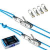 A set of heavy-duty rope tensioner clips and blue ropes for securing loads.
