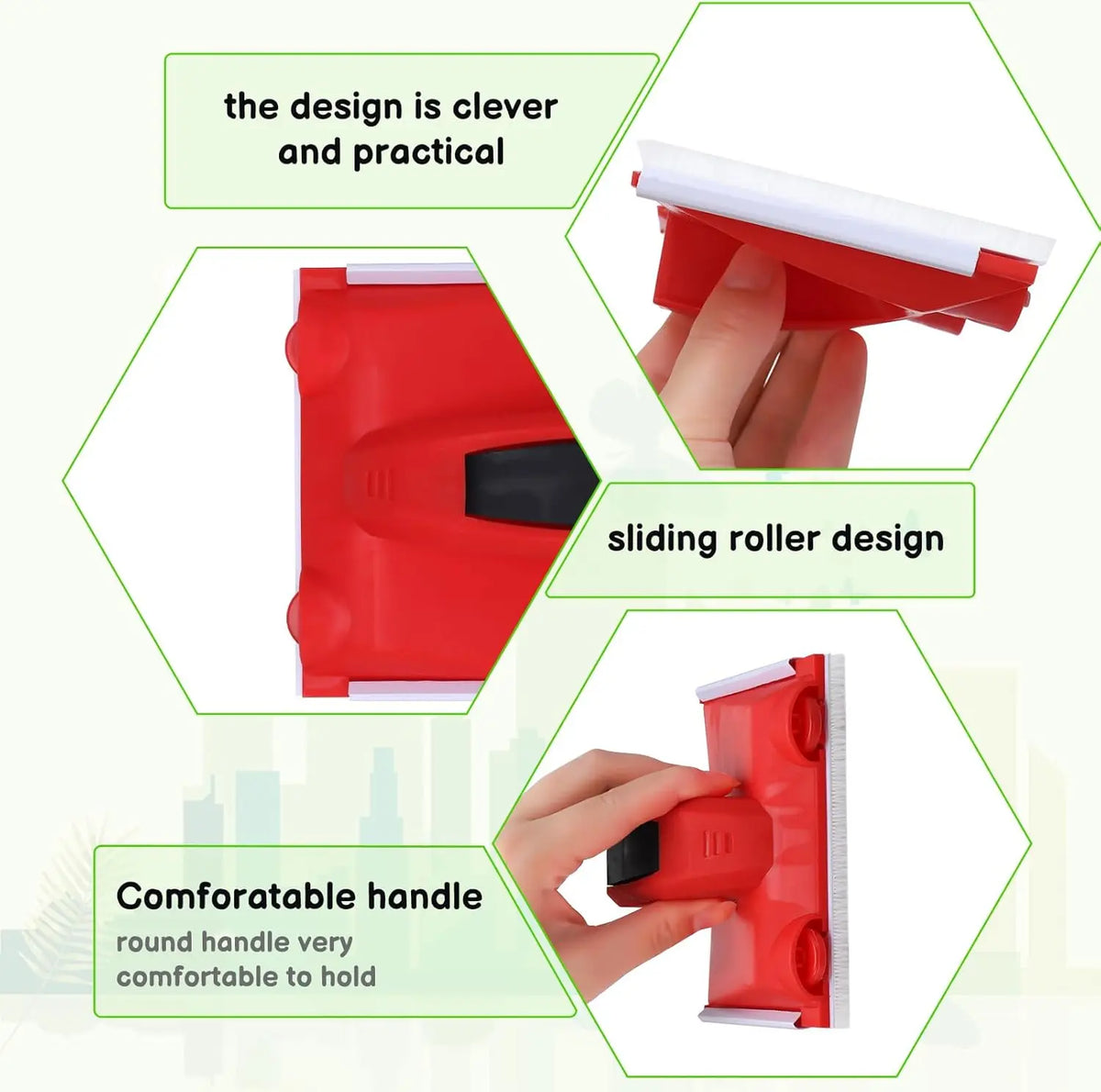 A red paint edger tool with a sliding roller design and a comfortable round handle is shown.