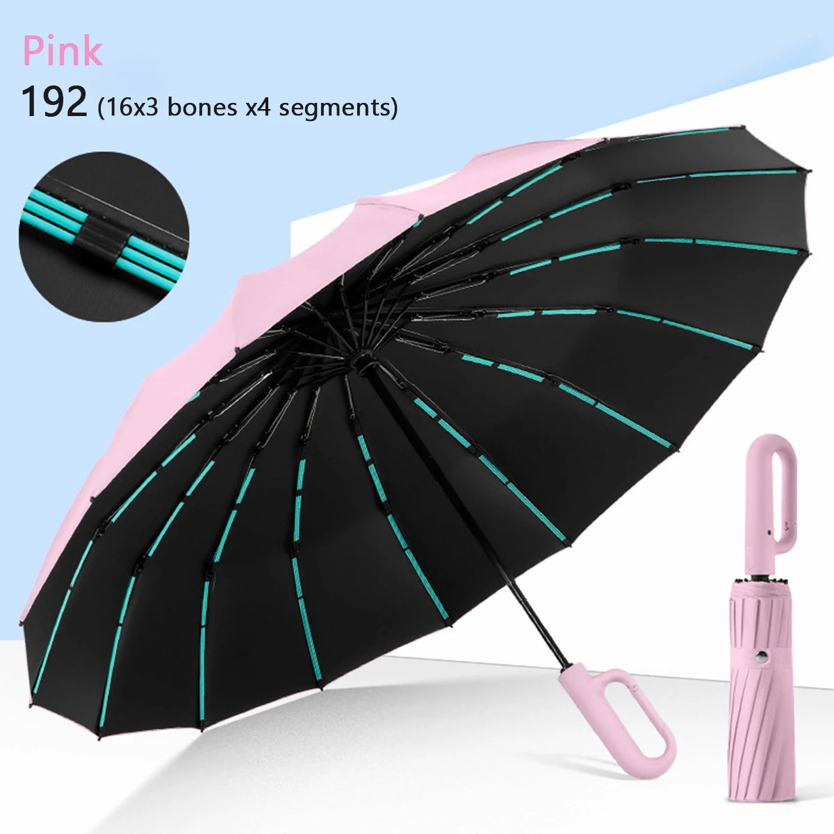 Rosa 192-Segment-Regenschirm mit schwarzem Stoff und rosa Akzenten, geöffnet vor hellem Hintergrund.