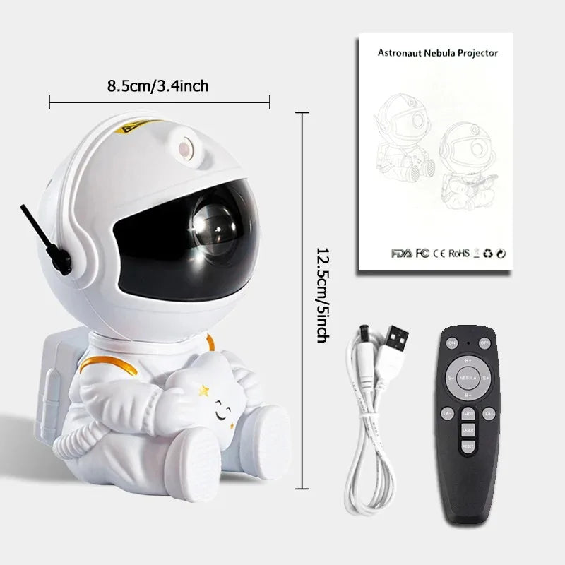 A white astronaut projector night light with a detachable remote control and multiple star patterns.
