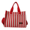 A red and white striped canvas tote bag with inner pockets.