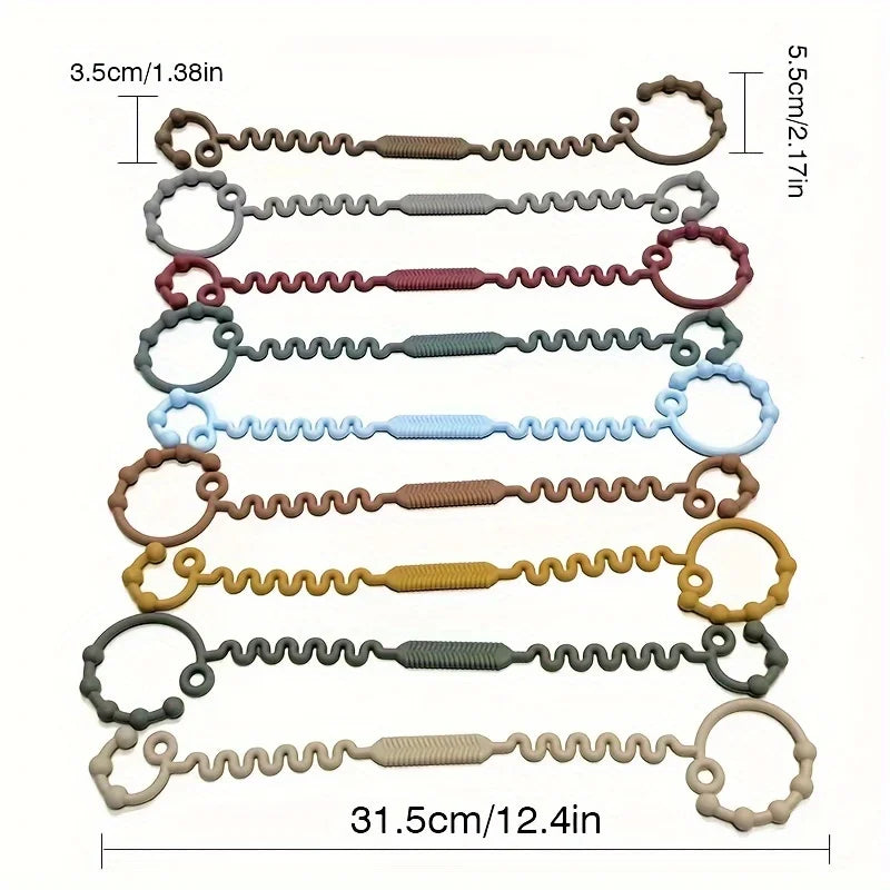 A set of silicone anti-drop pacifier clips with teethers in various colors and sizes.
