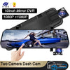 Schwarze Mirror-DVR-Dashcam mit zwei Kameras, montiert auf der Windschutzscheibe, demonstriert 1080P-Aufnahmefähigkeit