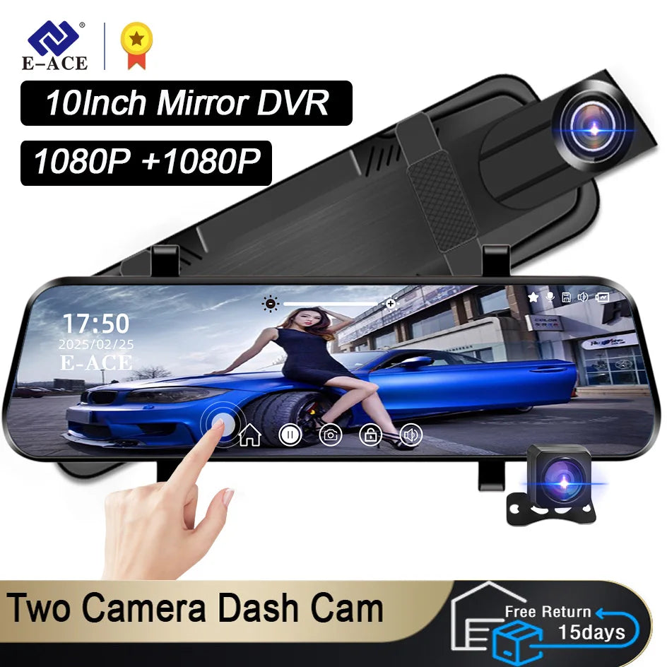 Schwarze Mirror-DVR-Dashcam mit zwei Kameras, montiert auf der Windschutzscheibe, demonstriert 1080P-Aufnahmefähigkeit