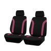 A set of black car seat covers featuring pink stitching on a black fabric.