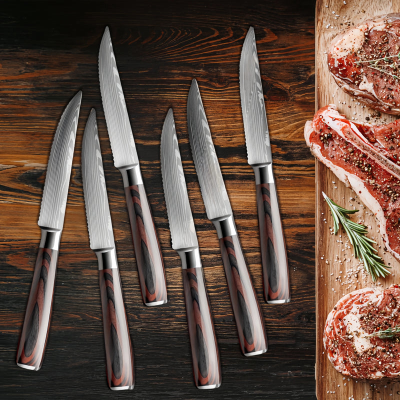 Ensemble de Couteaux à Steak Style Damas avec Manches en Bois