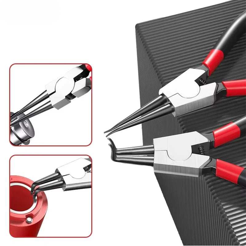 A pair of silver and red dual-use circlip pliers shown against a dark background.