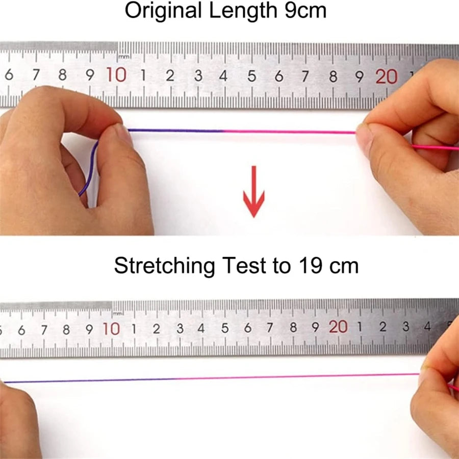 Demonstration of an elastic stretchy cord being stretched from 9cm to 19cm using a ruler.