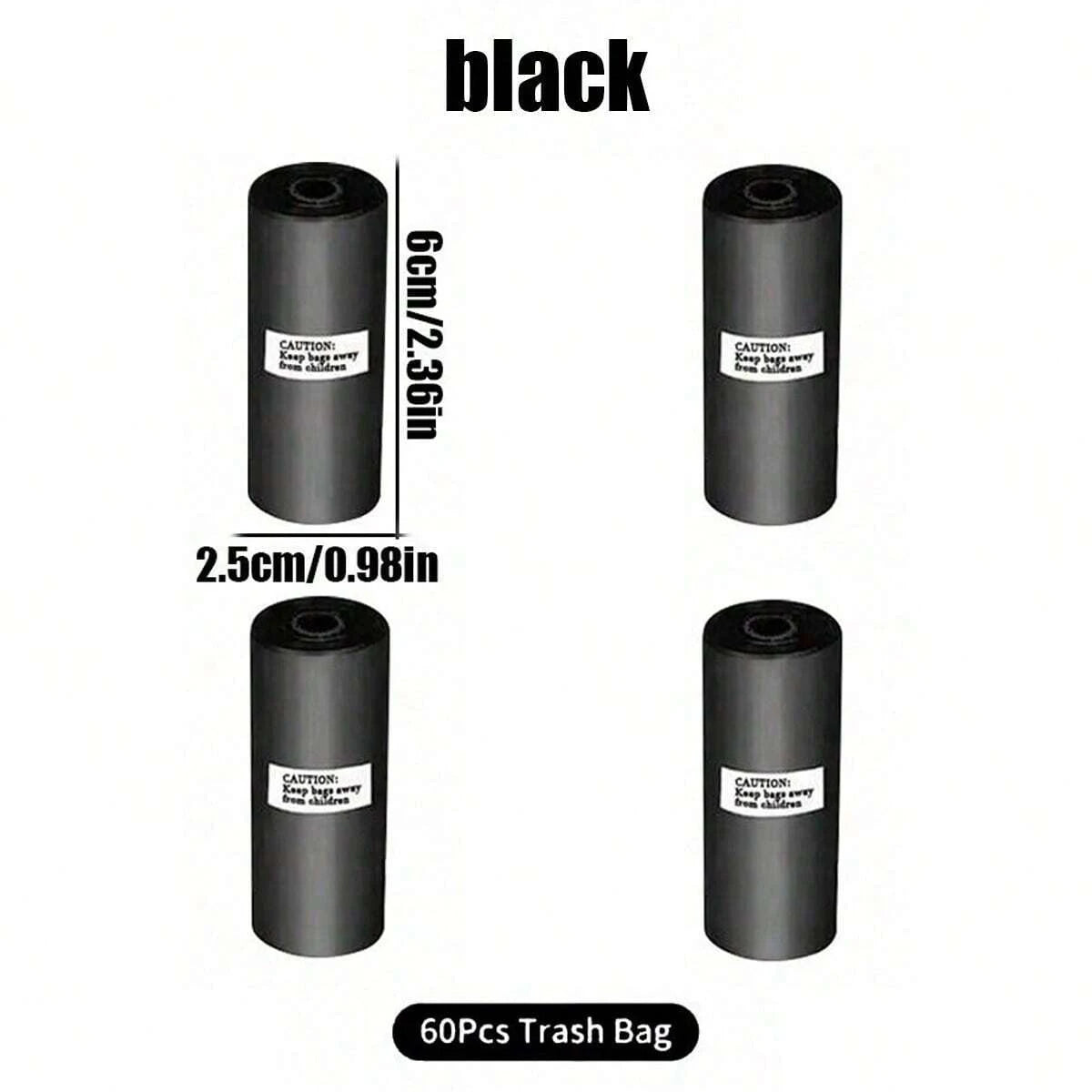 Sacs poubelles noirs de différentes tailles et dimensions, incluant des options de 6 cm et 2,5 cm.