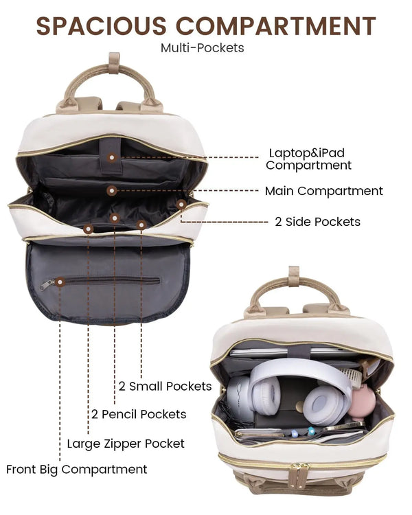 A beige and black multi-pocket laptop backpack showing various compartments including a laptop section, main compartment, sid
