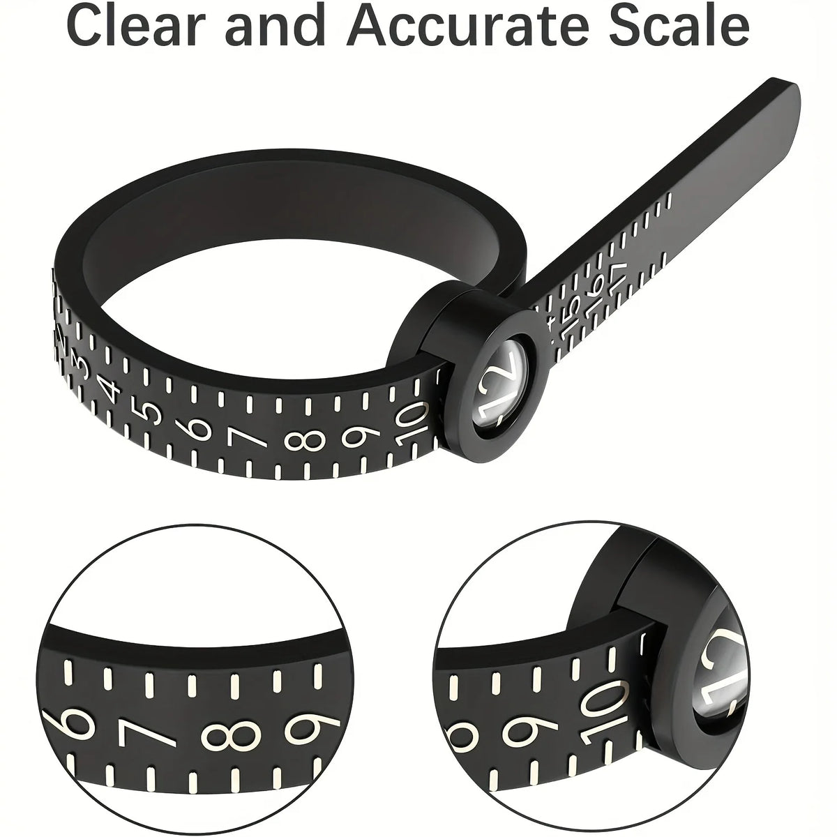 A black ring sizing tool with a magnifying ruler and adjustable measuring scale shown in various views.