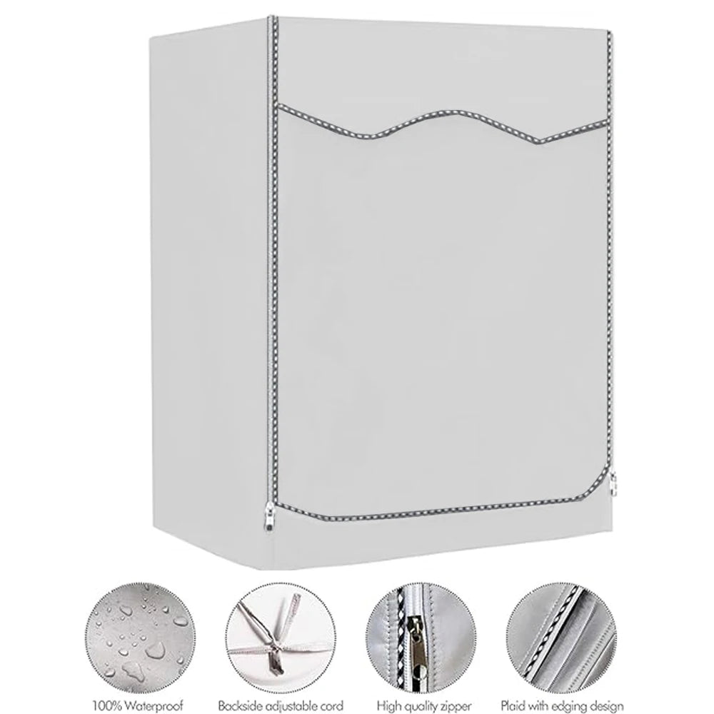 A white washing machine cover with a silver sun protection design and a high quality zipper.