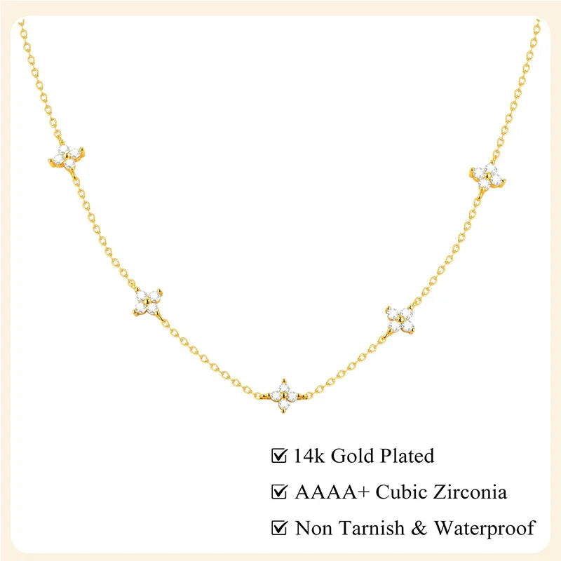 Dainty Lucky Leaf Necklace with White CZ Flowers