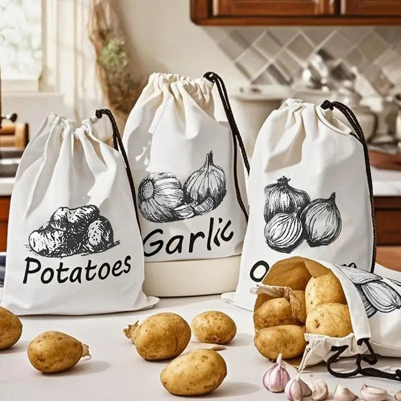 Large Drawstring Canvas Storage Bags with Side Zipper for Vegetables and Fruits