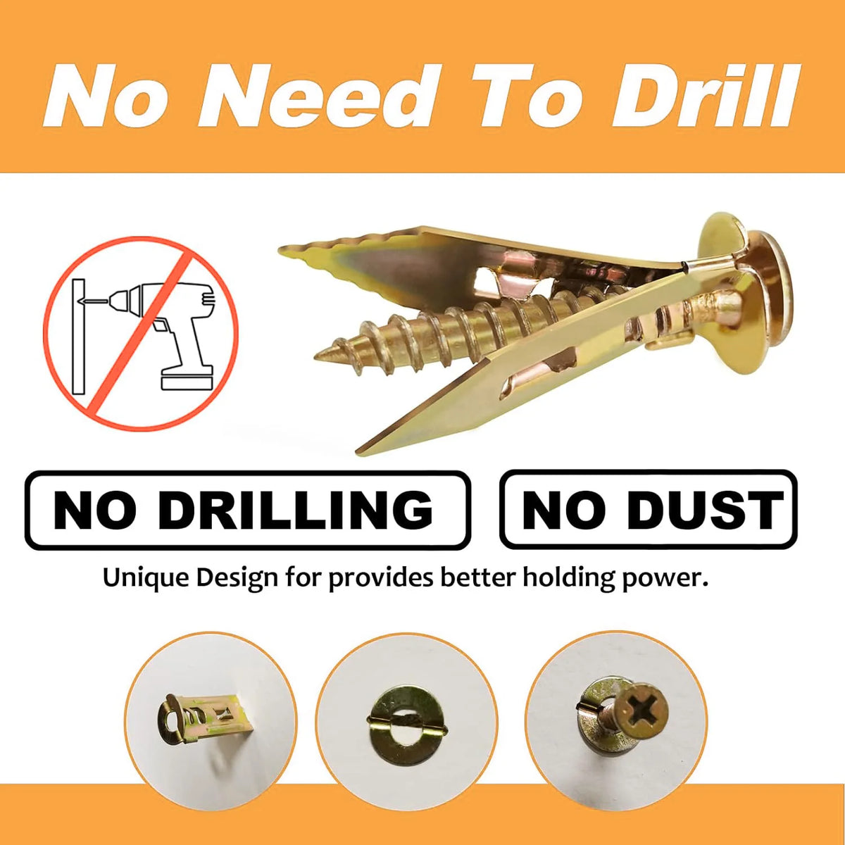 A set of gold-colored self-drilling drywall anchors and screws shown with various designs.