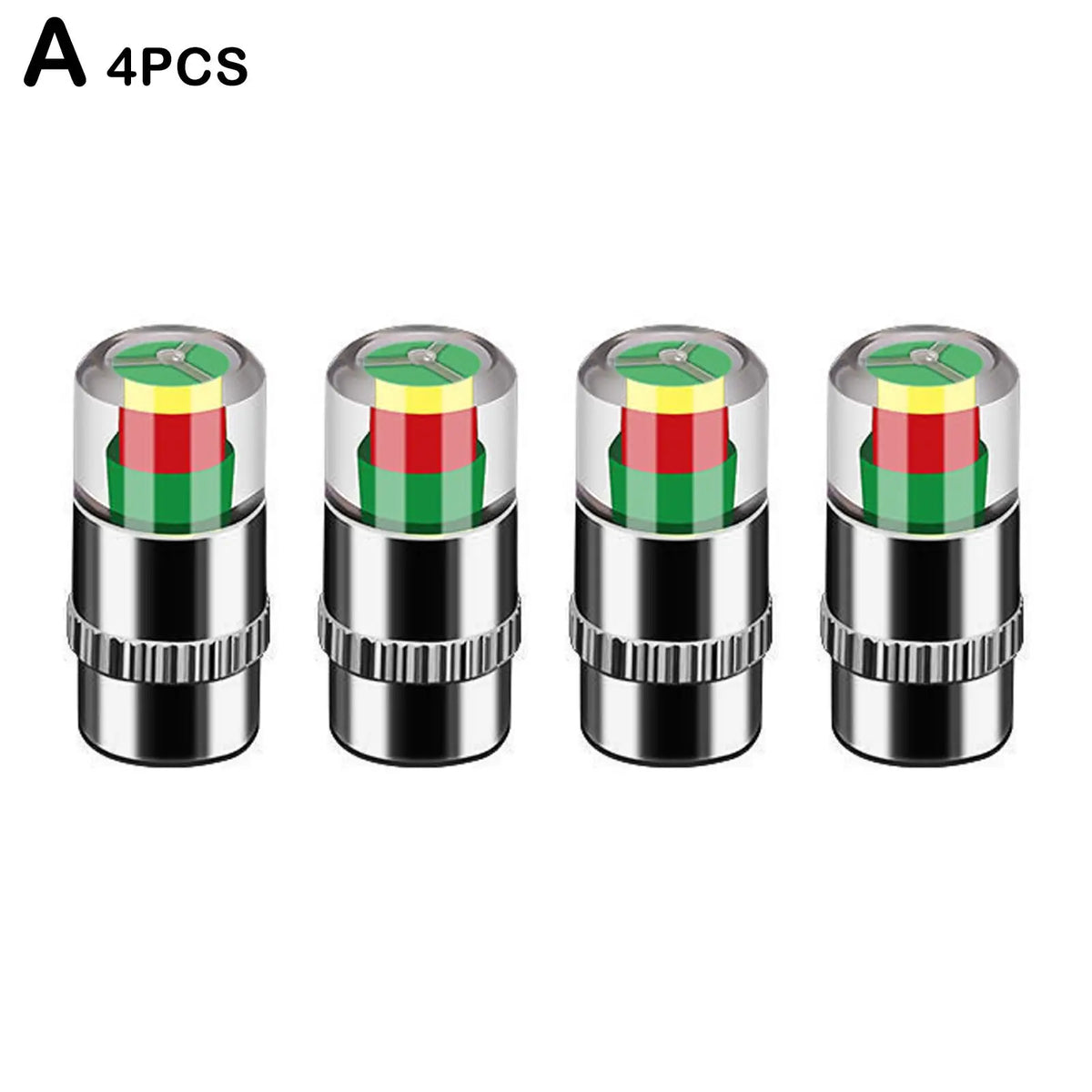 A set of four color-coded tire pressure indicator valve caps with silver metal bodies.