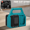 A teal portable battery organizer with four slots is shown next to several black power tool batteries.