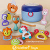 A set of eight animal-themed baby rattle toys including a box for sensory development.