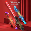 Three double-ended LED lightsabers in red, blue, and gold are displayed against a red curtain backdrop.