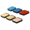 A set of three colored 3D grille emblem stickers in blue, red, and gold on a black background.