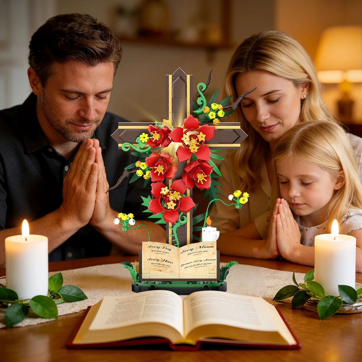 A family is gathered around a wooden cross and an open book, suggesting faith and devotion.