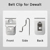 Three views of a stainless steel belt clip hook for Dewalt drills showing the front, side, and back.