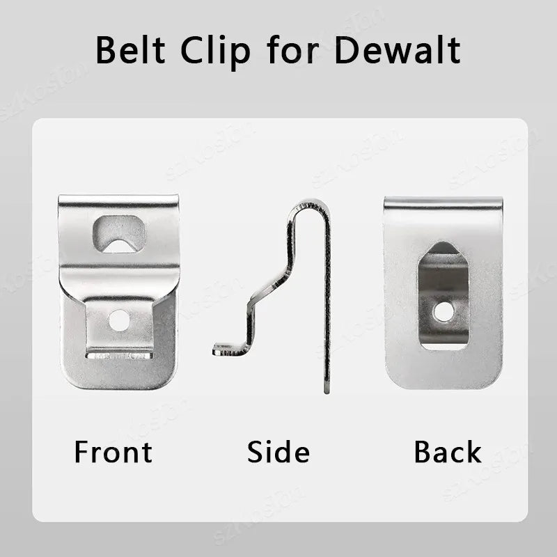 Three views of a stainless steel belt clip hook for Dewalt drills showing the front, side, and back.