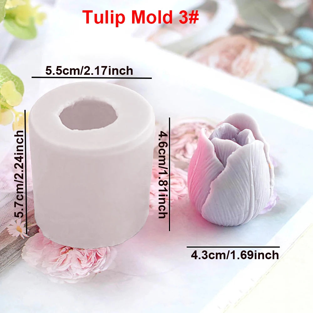 A white silicone tulip mold is shown next to a pink flower, demonstrating its size for candle and soap making.