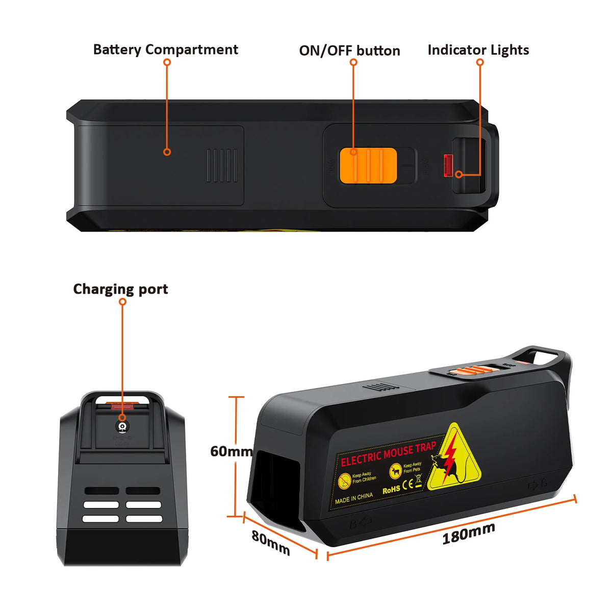 A black electric mouse trap device showing its battery compartment, ON/OFF button, indicator lights, and charging port.