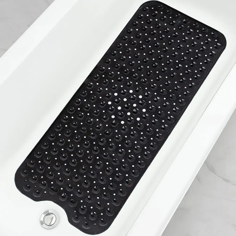 Black non-slip bathtub mat with suction cups and drain holes