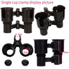 Black single cup clamp display picture showing various professional cup holders for film and photography crews