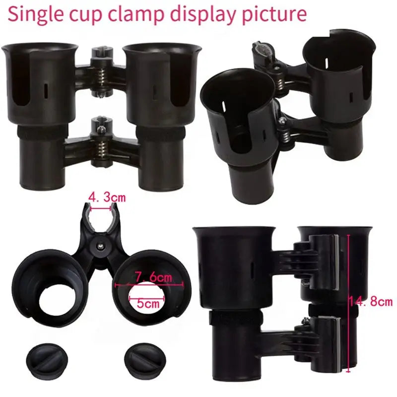 Black single cup clamp display picture showing various professional cup holders for film and photography crews